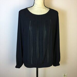 Adrianna Papell Blouse Top Sz L Womans Navy Blue Pleated Front Sheer Long Sleeve